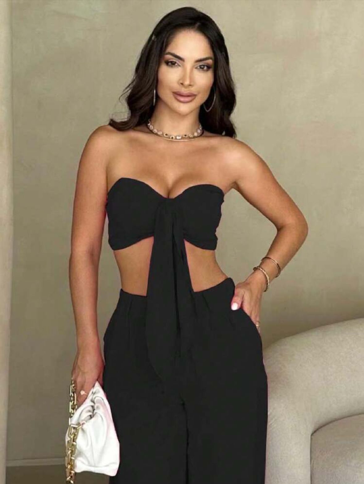 Conjunto top com laço e calça variante