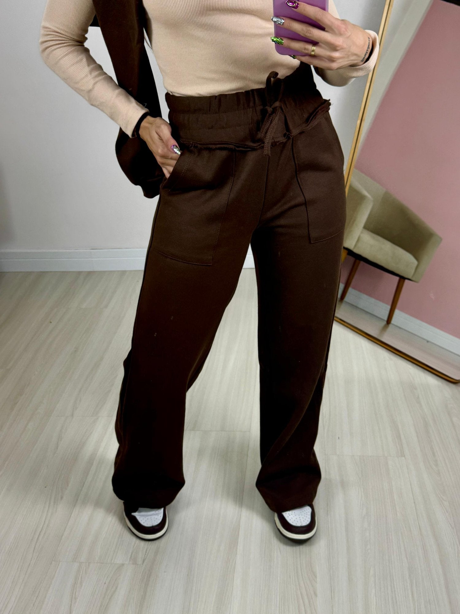 Calça Pantalona Moletom marrom