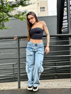 Calça Jeans Baggy Shadow jeans claro estonado