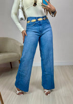 Calça Jeans Wide Leg com Barra Desfiada jeans médio