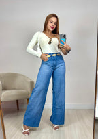 Calça Jeans Wide Leg com Barra Desfiada jeans médio