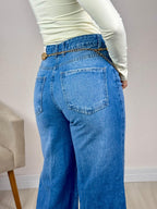 Calça Jeans Wide Leg com Barra Desfiada jeans médio